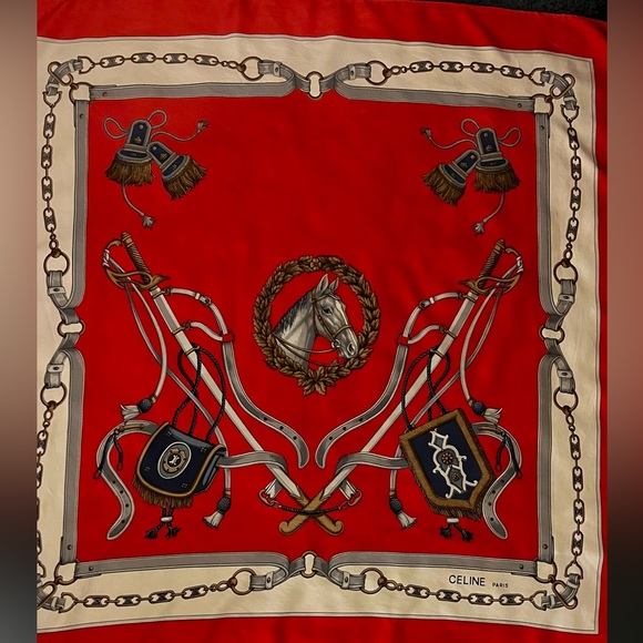 Celine Scarf. 100% Silk, Hand Rolled. Made in Italy. Equestrian Motif. - Picture 10 of 14